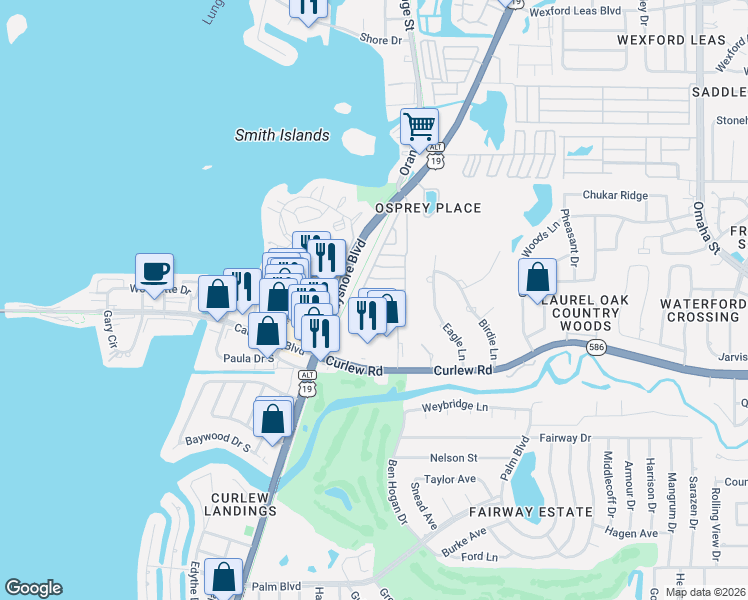 map of restaurants, bars, coffee shops, grocery stores, and more near 100 3rd Street in Palm Harbor