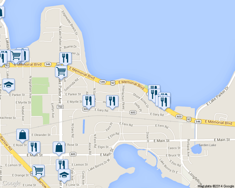 map of restaurants, bars, coffee shops, grocery stores, and more near 730 Interlachen Parkway in Lakeland