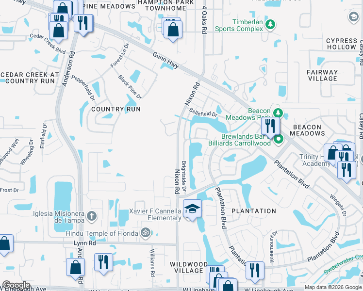 map of restaurants, bars, coffee shops, grocery stores, and more near 10958 Brightside Drive in Tampa