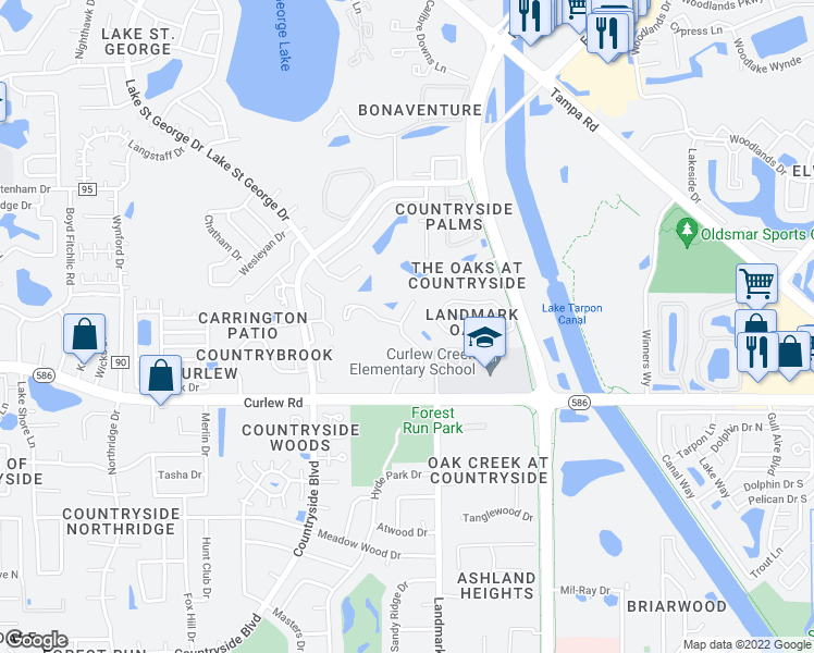 map of restaurants, bars, coffee shops, grocery stores, and more near 3568 Landmark Trail in Palm Harbor