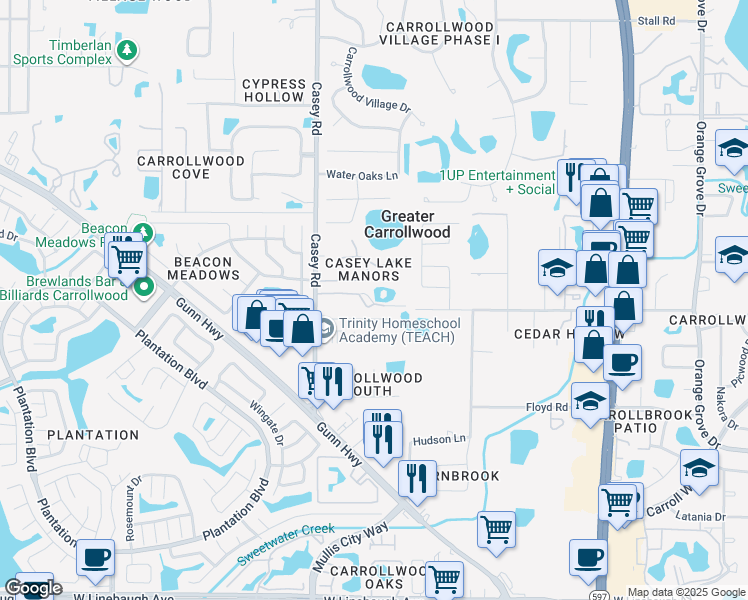 map of restaurants, bars, coffee shops, grocery stores, and more near 11309 Casey Road in Tampa