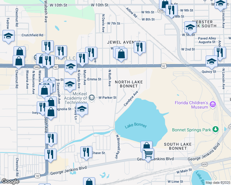 map of restaurants, bars, coffee shops, grocery stores, and more near 809 North Ruth Avenue in Lakeland