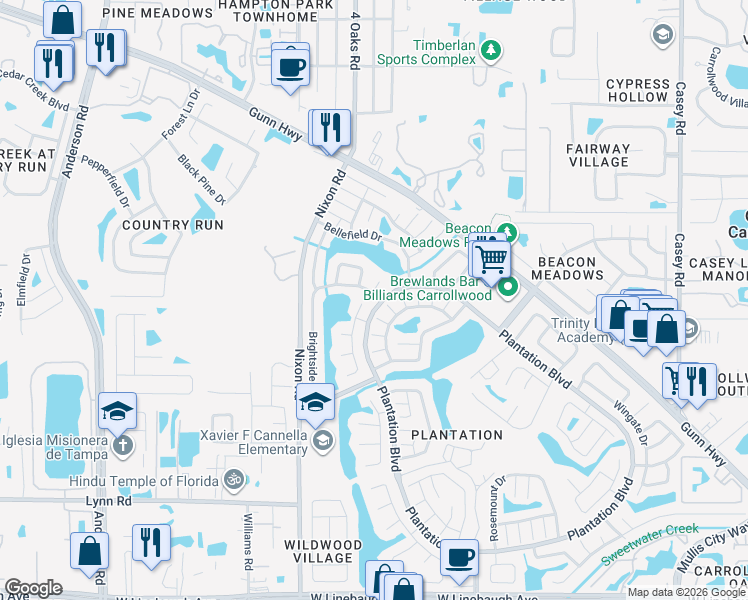 map of restaurants, bars, coffee shops, grocery stores, and more near 11025 Brightside Drive in Tampa