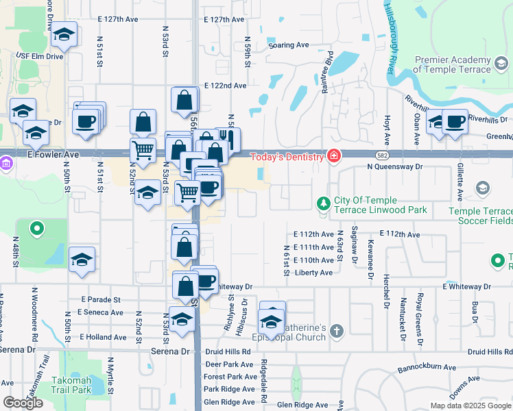 map of restaurants, bars, coffee shops, grocery stores, and more near 11323 Stratton Park Drive in Tampa