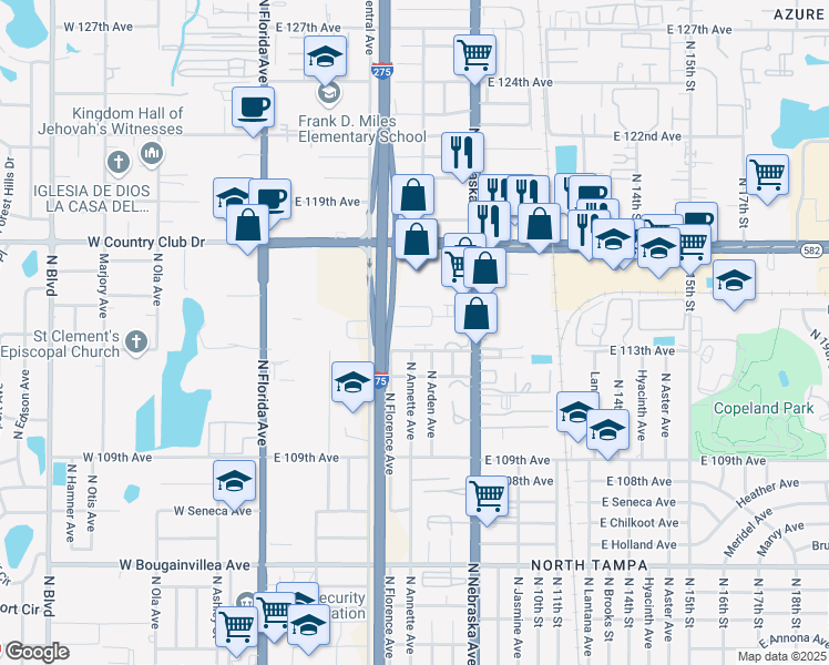 map of restaurants, bars, coffee shops, grocery stores, and more near 707 East 114th Avenue in Tampa