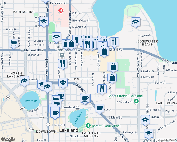 map of restaurants, bars, coffee shops, grocery stores, and more near 730 East Parker Street in Lakeland