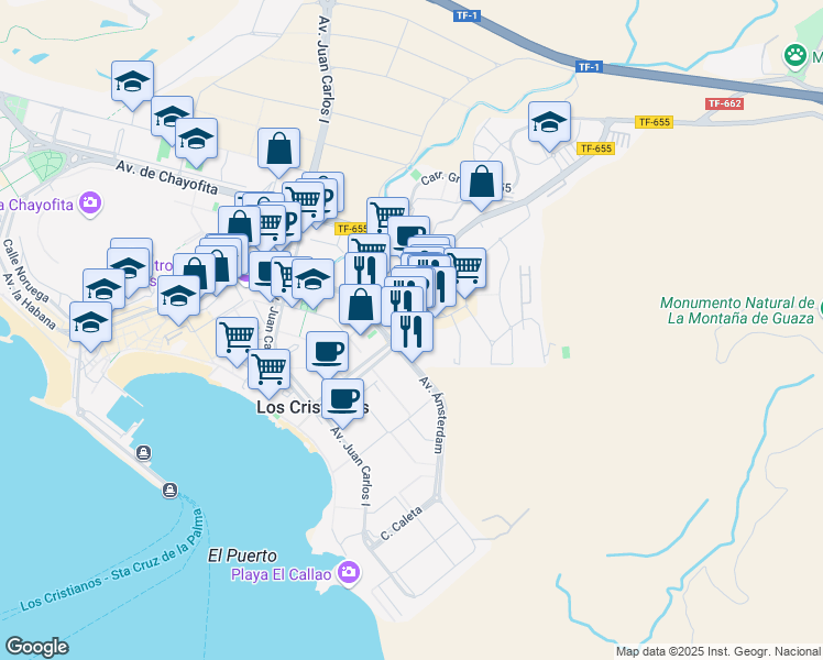 map of restaurants, bars, coffee shops, grocery stores, and more near 1102 Avenida de Ámsterdam in Arona