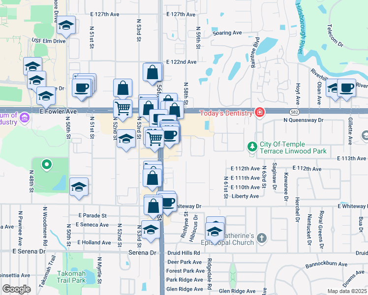 map of restaurants, bars, coffee shops, grocery stores, and more near 11301 North 56th Street in Temple Terrace