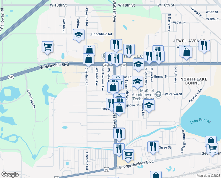 map of restaurants, bars, coffee shops, grocery stores, and more near 2231 West Parker Street in Lakeland