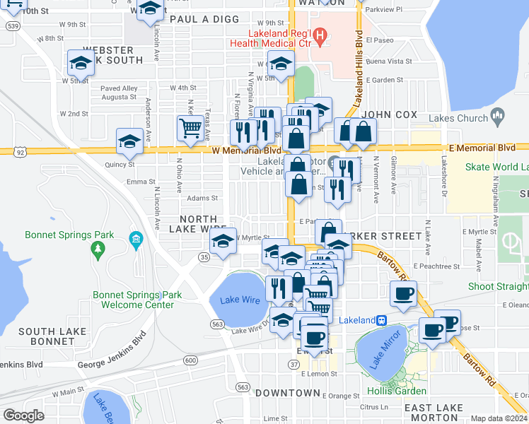 map of restaurants, bars, coffee shops, grocery stores, and more near 207 Pear Street in Lakeland
