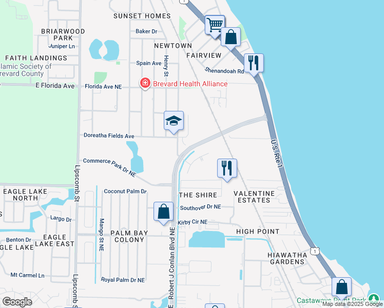 map of restaurants, bars, coffee shops, grocery stores, and more near 2133 Robert J Conlan Boulevard Northeast in Palm Bay