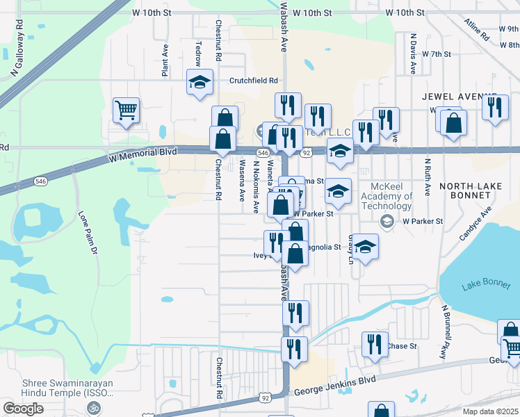 map of restaurants, bars, coffee shops, grocery stores, and more near 2231 West Parker Street in Lakeland