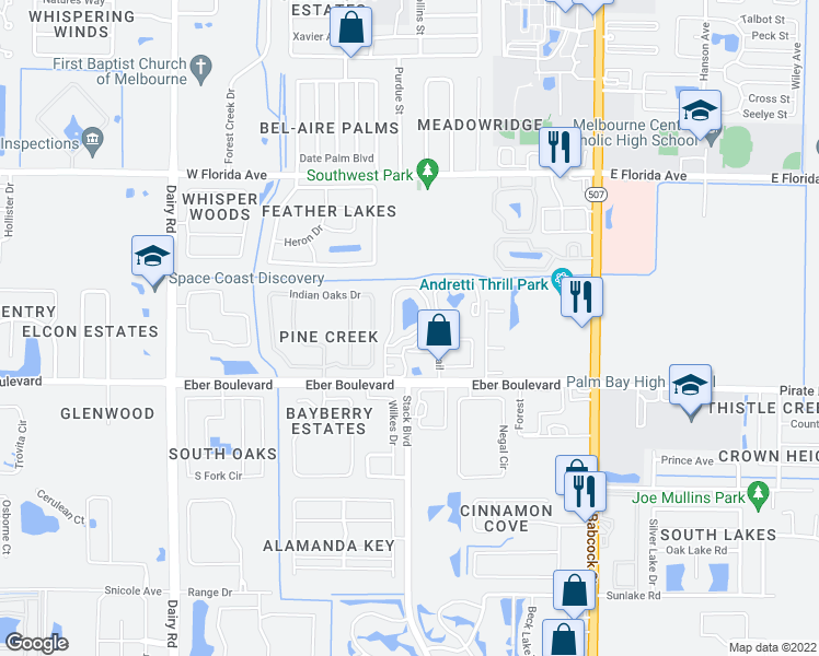 map of restaurants, bars, coffee shops, grocery stores, and more near 3711 Town Square Boulevard in Melbourne