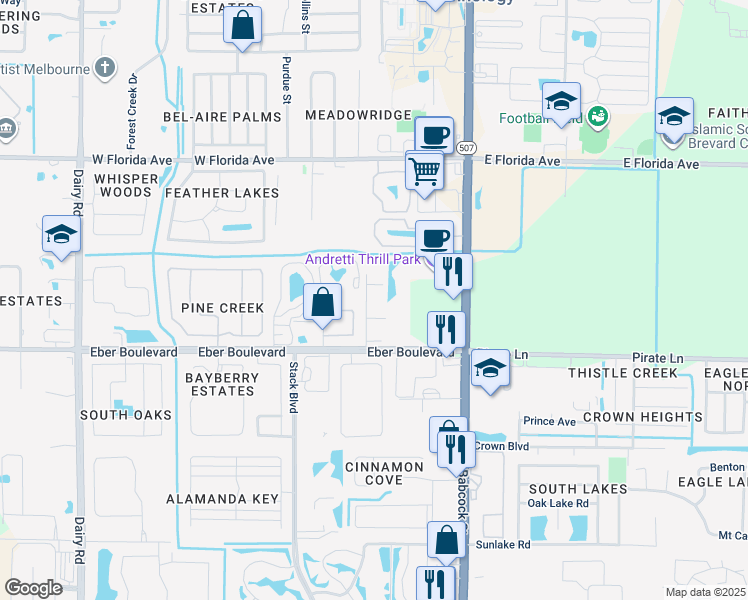 map of restaurants, bars, coffee shops, grocery stores, and more near 100 Colibri Way in Melbourne