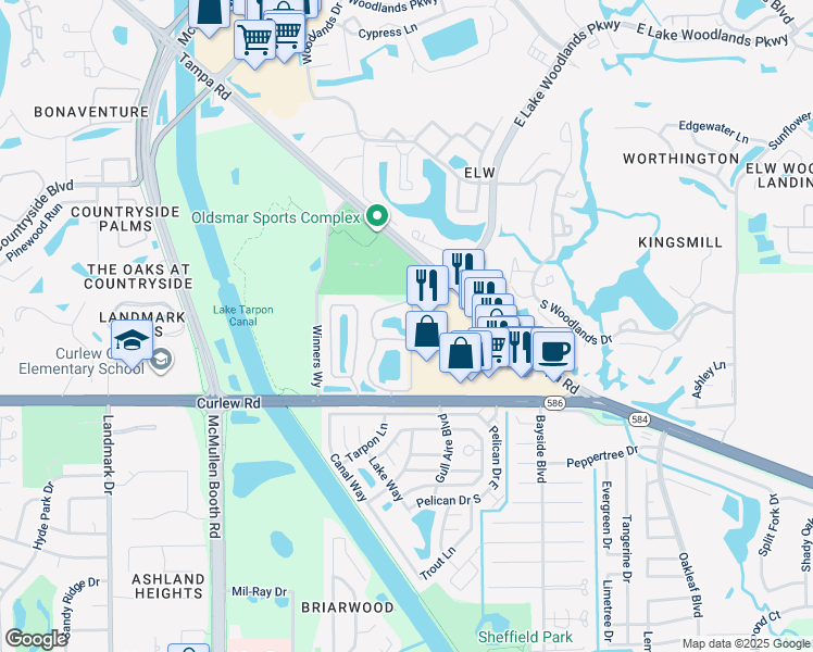 map of restaurants, bars, coffee shops, grocery stores, and more near 3130 Tampa Road in Oldsmar