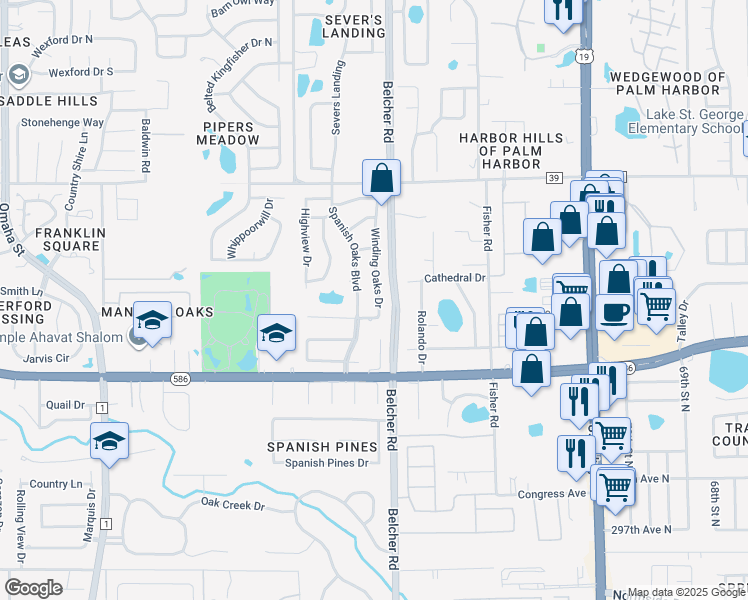map of restaurants, bars, coffee shops, grocery stores, and more near 1042 Winding Oaks Drive in Palm Harbor
