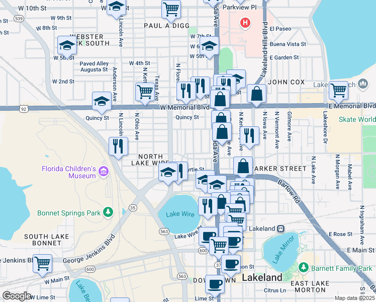 map of restaurants, bars, coffee shops, grocery stores, and more near 309 Pear Street in Lakeland
