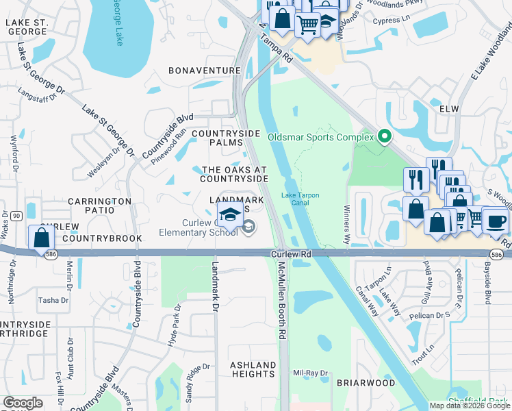 map of restaurants, bars, coffee shops, grocery stores, and more near 3095 Landmark Boulevard in Palm Harbor