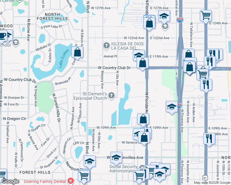 map of restaurants, bars, coffee shops, grocery stores, and more near 11308 North Ola Avenue in Tampa