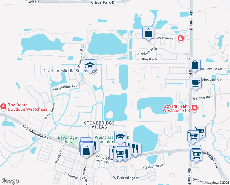 map of restaurants, bars, coffee shops, grocery stores, and more near 11418 Crowned Sparrow Lane in Tampa