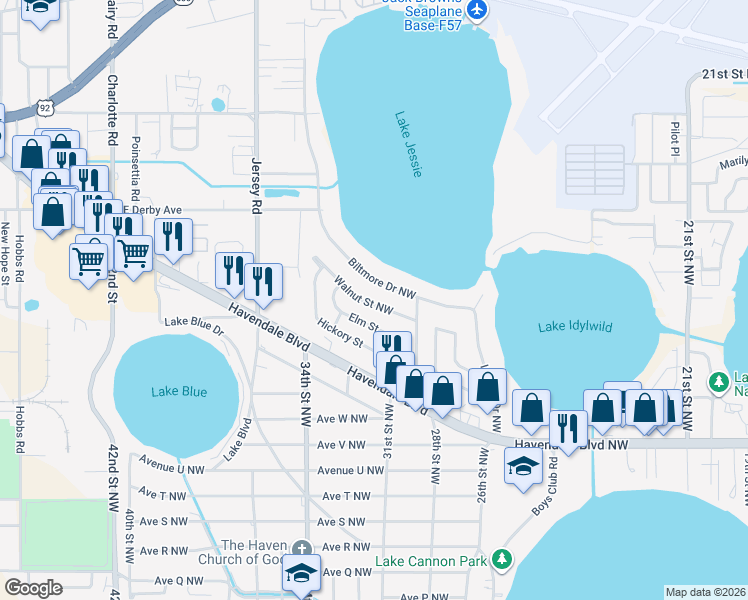 map of restaurants, bars, coffee shops, grocery stores, and more near 3013 Walnut Street Northwest in Winter Haven