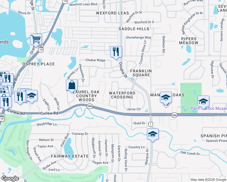 map of restaurants, bars, coffee shops, grocery stores, and more near 2769 Scobee Drive in Palm Harbor