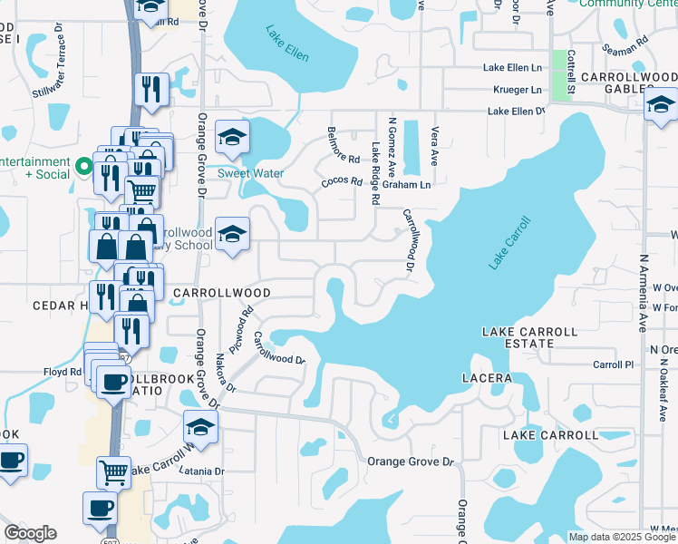 map of restaurants, bars, coffee shops, grocery stores, and more near 11201 Carrollwood Drive in Tampa