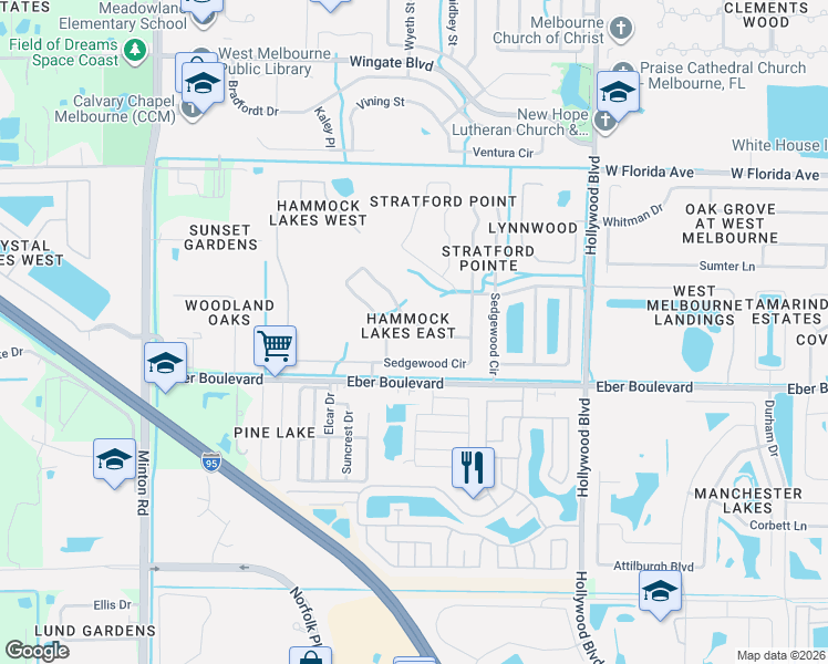 map of restaurants, bars, coffee shops, grocery stores, and more near 2383 Glasbern Circle in West Melbourne