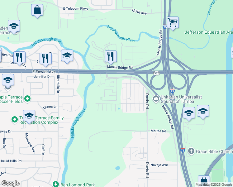 map of restaurants, bars, coffee shops, grocery stores, and more near 8555 Boardwalk Trail Dr in Tampa
