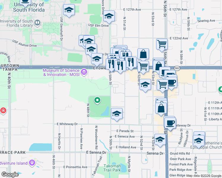 map of restaurants, bars, coffee shops, grocery stores, and more near 11315 North 50th Street in Tampa
