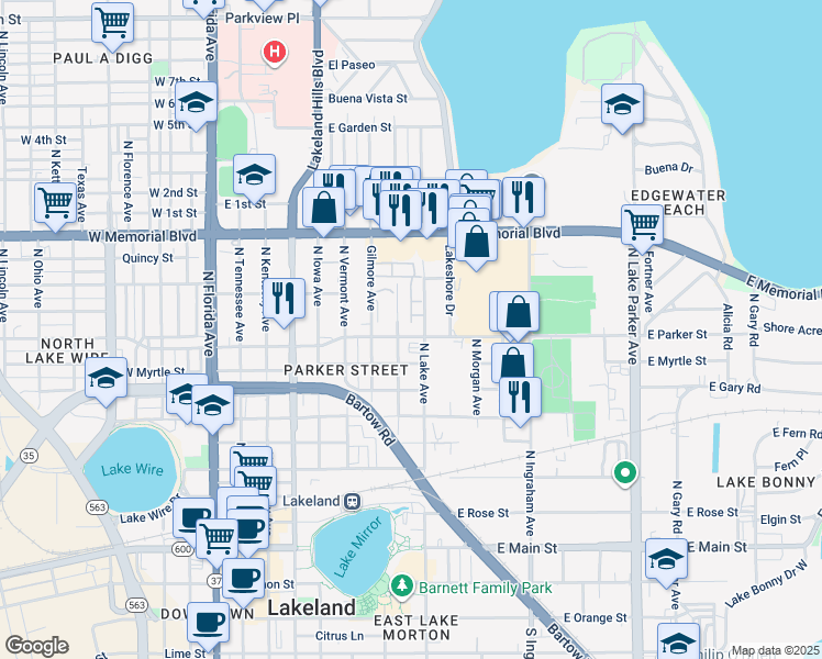 map of restaurants, bars, coffee shops, grocery stores, and more near 732 East Parker Street in Lakeland