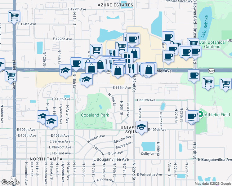 map of restaurants, bars, coffee shops, grocery stores, and more near 1906 East 114th Avenue in Tampa