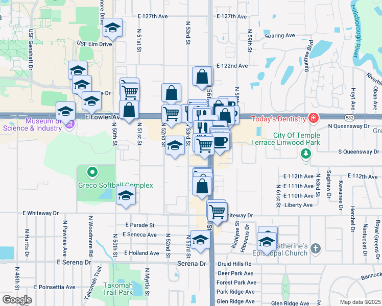 map of restaurants, bars, coffee shops, grocery stores, and more near 11301 North 53rd Street in Temple Terrace