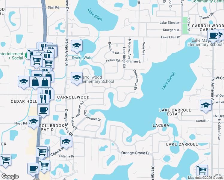 map of restaurants, bars, coffee shops, grocery stores, and more near 11201 Carrollwood Drive in Tampa
