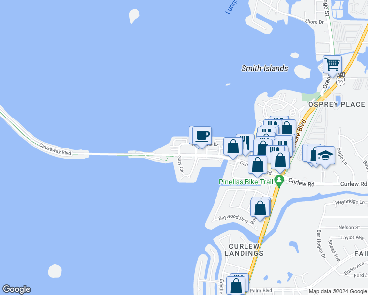 map of restaurants, bars, coffee shops, grocery stores, and more near 214 Bunker Hill Lane in Dunedin