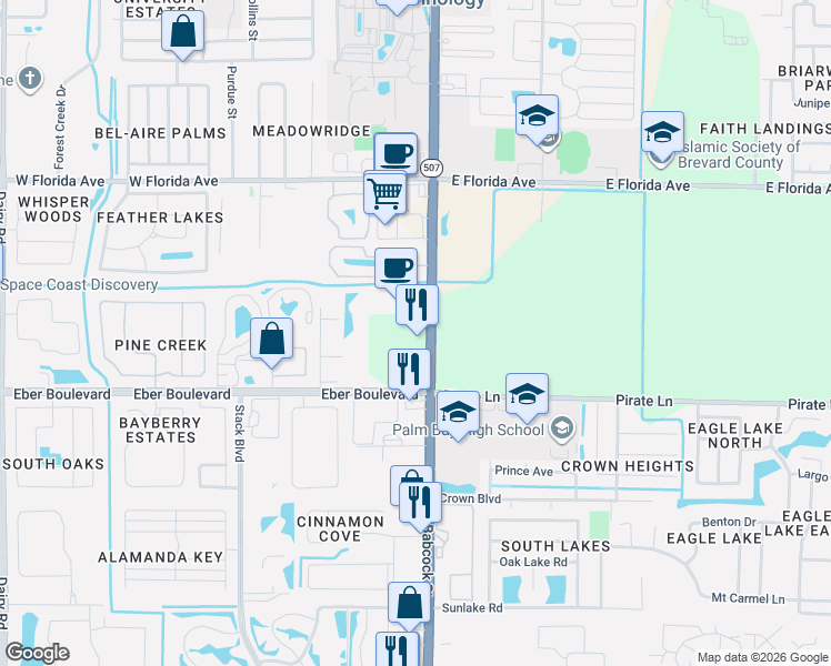 map of restaurants, bars, coffee shops, grocery stores, and more near 3992 South Babcock Street in Melbourne