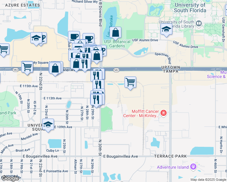 map of restaurants, bars, coffee shops, grocery stores, and more near 11315 North 30th Street in Tampa