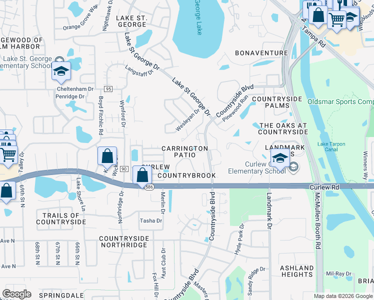 map of restaurants, bars, coffee shops, grocery stores, and more near 2833 Whitehall Drive in Palm Harbor