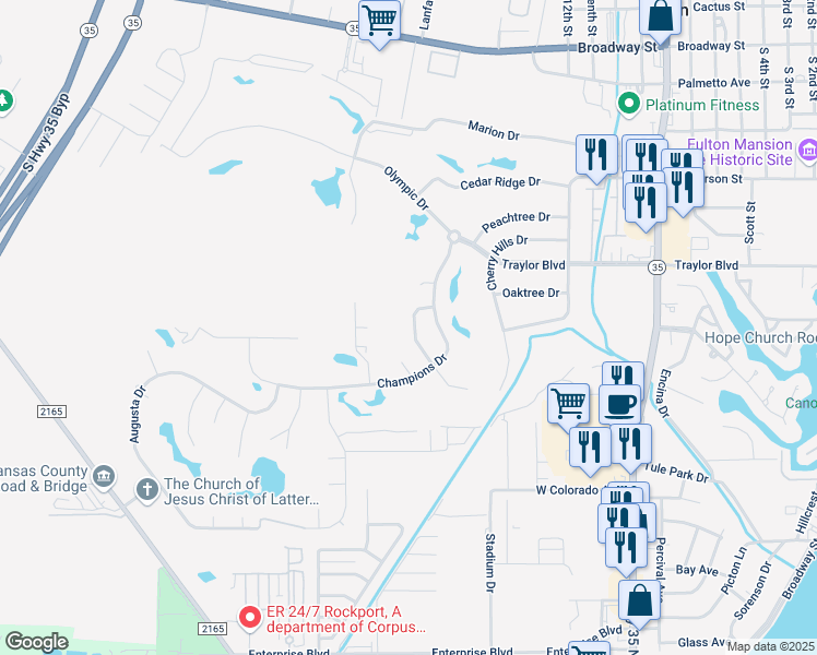 map of restaurants, bars, coffee shops, grocery stores, and more near 115 Royal Oaks Drive in Rockport
