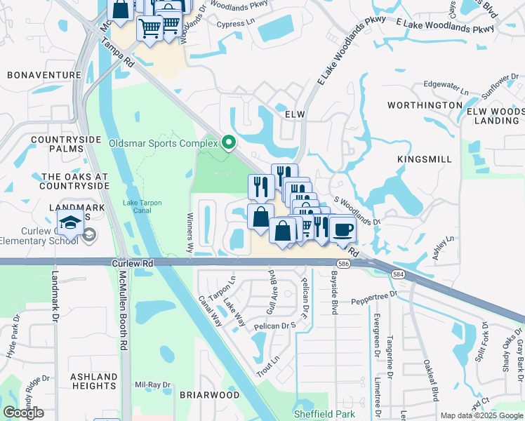 map of restaurants, bars, coffee shops, grocery stores, and more near 3130 Tampa Road in Oldsmar