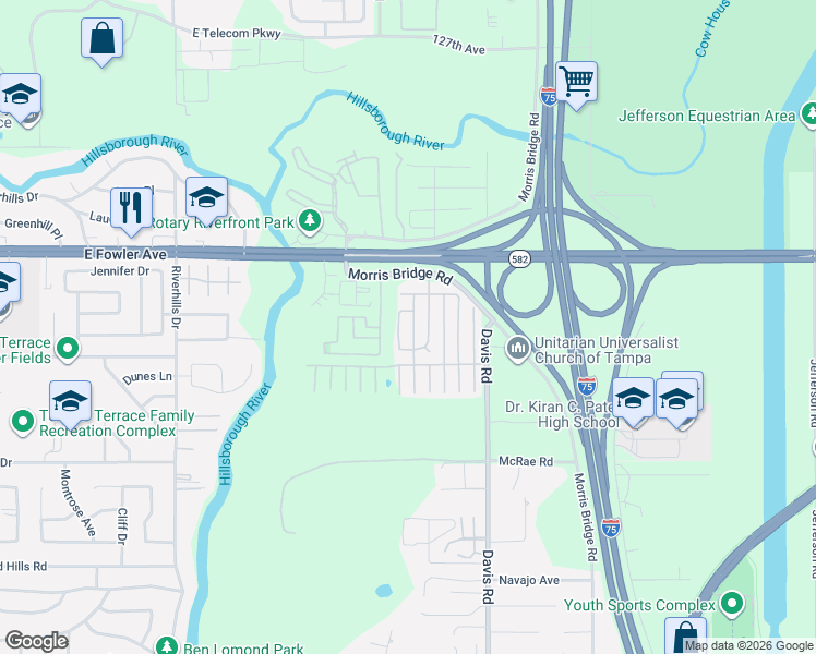 map of restaurants, bars, coffee shops, grocery stores, and more near 11523 Lamplighter Lane in Tampa