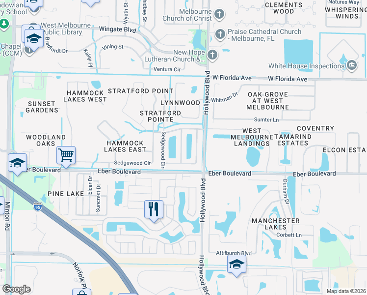 map of restaurants, bars, coffee shops, grocery stores, and more near 1113 Bainbury Lane in West Melbourne