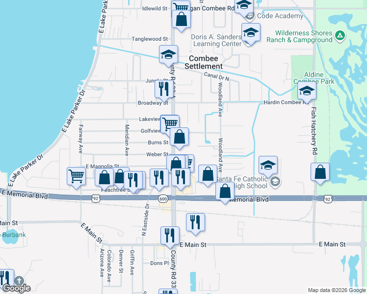 map of restaurants, bars, coffee shops, grocery stores, and more near 729 South Combee Road in Lakeland