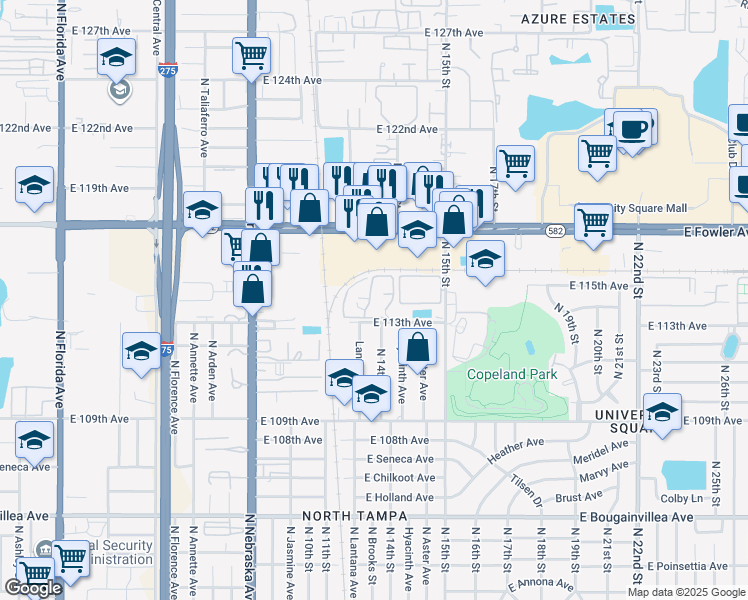 map of restaurants, bars, coffee shops, grocery stores, and more near 1262 East 113th Avenue in Tampa