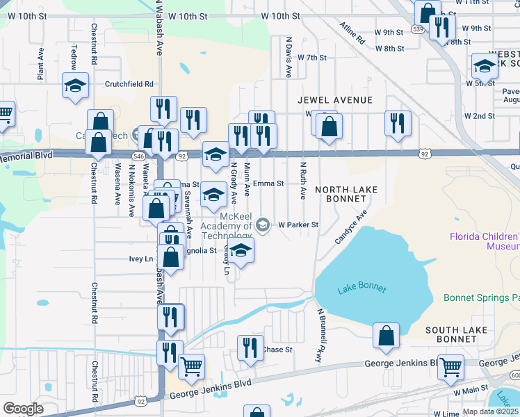 map of restaurants, bars, coffee shops, grocery stores, and more near 807 Swindel Avenue in Lakeland
