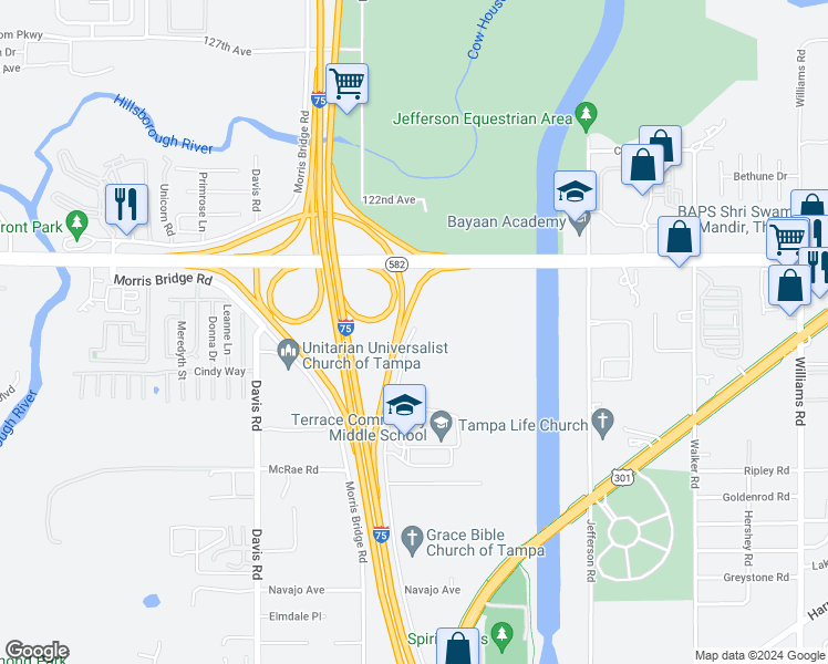 map of restaurants, bars, coffee shops, grocery stores, and more near 13906 Raulerson Road in Riverview