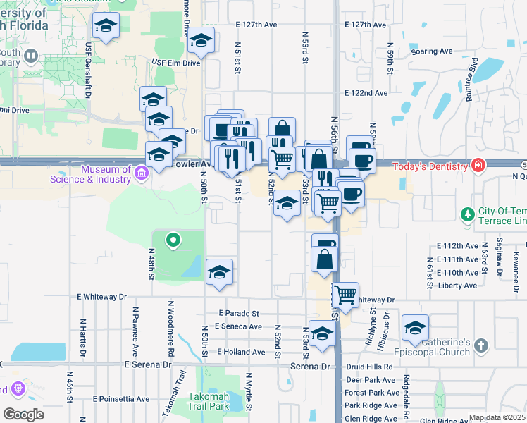 map of restaurants, bars, coffee shops, grocery stores, and more near 11310 North 52nd Street in Tampa