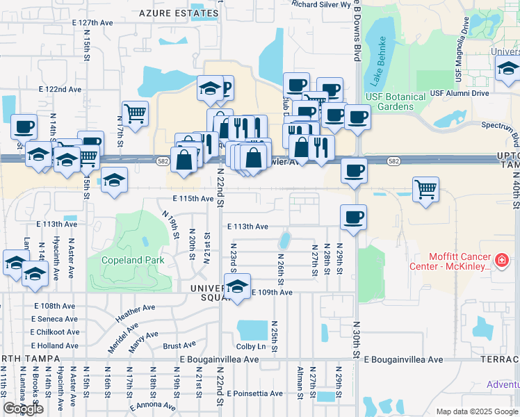 map of restaurants, bars, coffee shops, grocery stores, and more near 11201 North 22nd Street in Tampa