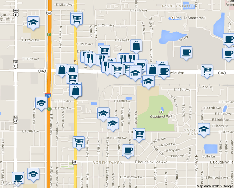 map of restaurants, bars, coffee shops, grocery stores, and more near 1264 East 113th Avenue in Tampa
