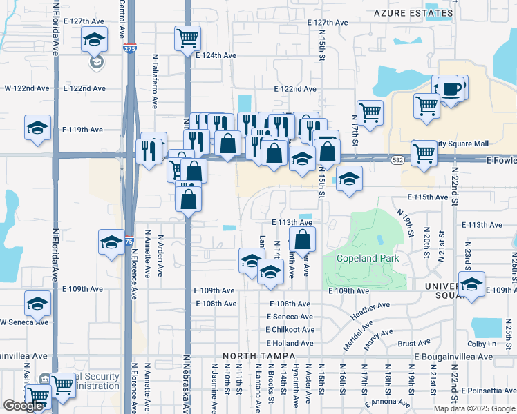 map of restaurants, bars, coffee shops, grocery stores, and more near 1280 East 113th Avenue in Tampa